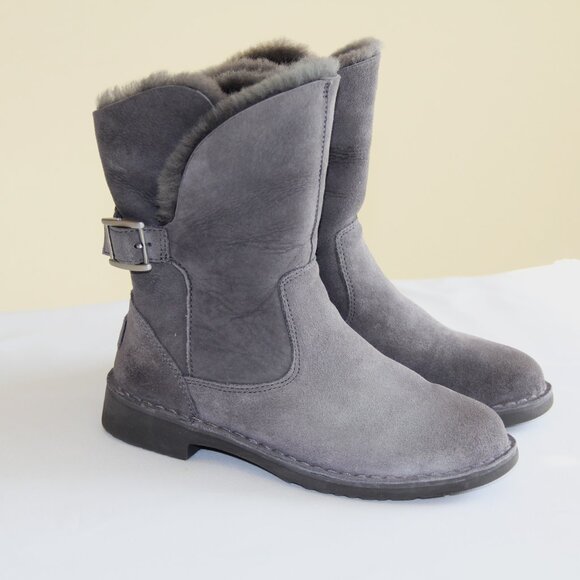 New without Tags Uggs Jannika Charcoal Suede Fur Cuff Booties Size 6. - Picture 3 of 13